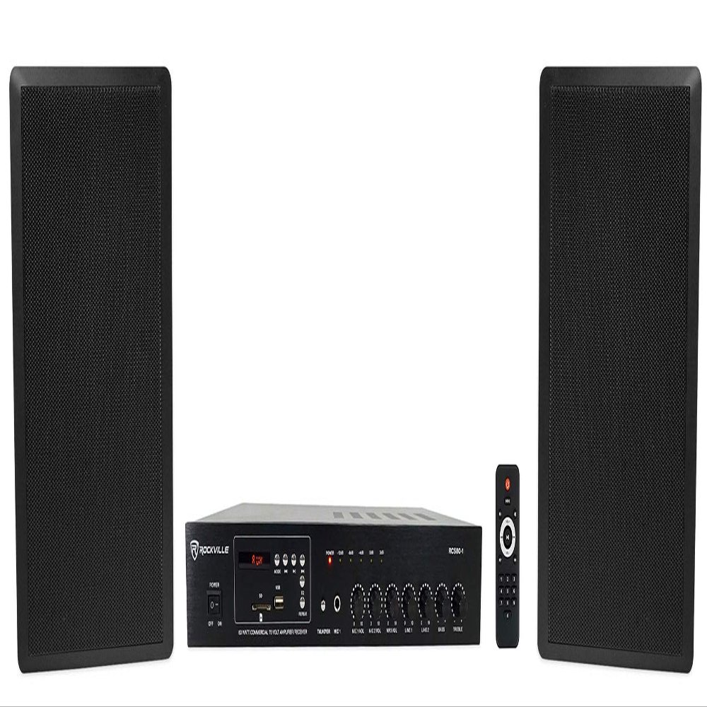 Rockville RCS80-1 Bundle: 60 Watt 70V Commercial/Restaurant Amplifier/Bluetooth Receiver, (2) RockSlim 70B Black 5.25" 70V Commercial Restaurant Wall Speakers, 3-Items