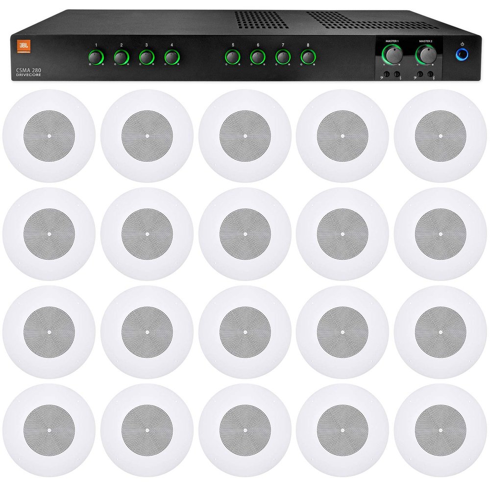 Audiosavings Bundle: JBL CSMA280 Commercial/Restaurant 2 x 80w Amplifier 4ohm/8ohm/70V/100V, 8 inputs Bundle with (20) JBL CSS8008 8" Commercial 70V/100V 5w Ceiling Speaker 4 Restaurant (21 Items)