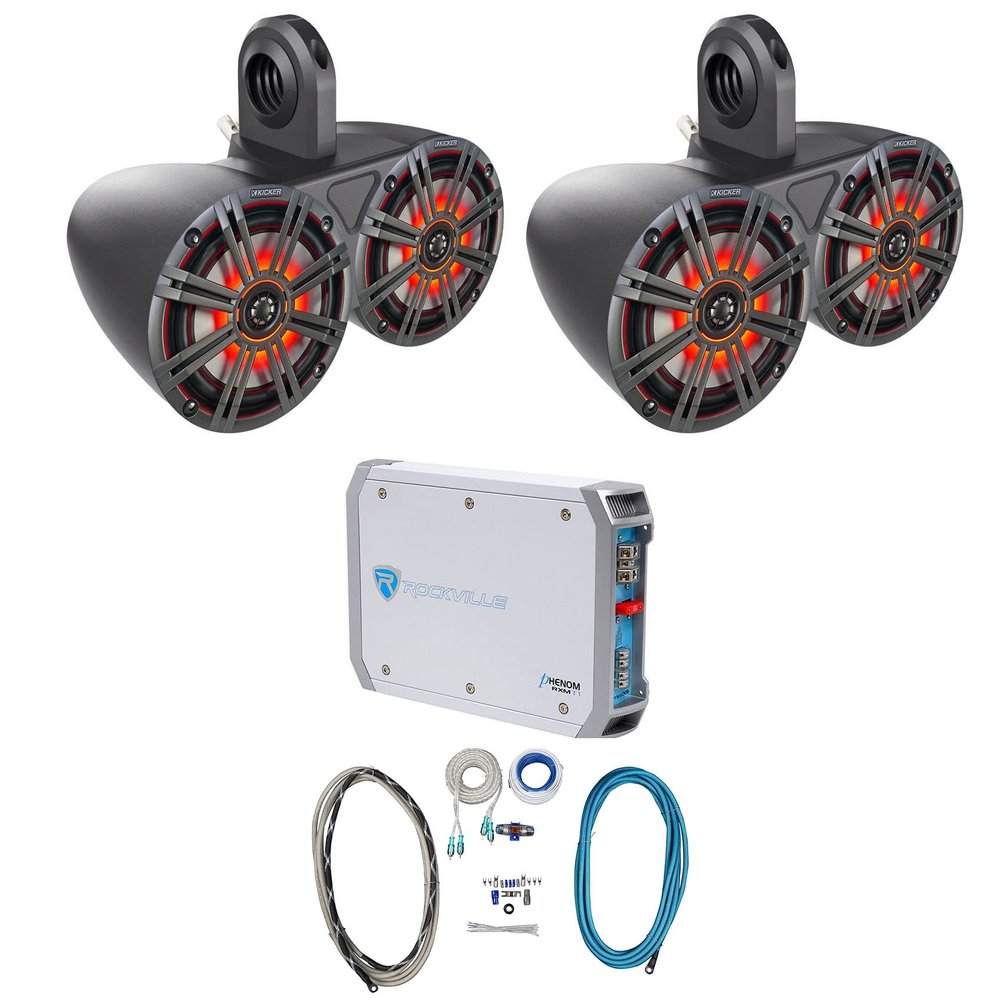 Audiosavings Bundle: (1) Pair Kicker KMTED Marine Wakeboard Tower Speakers Bundle with (4) Kicker 43KM654L Speakers & Rockville RMWK4 Amp & Rockville RXM-T1 2 Ch. Amp (8 Items)