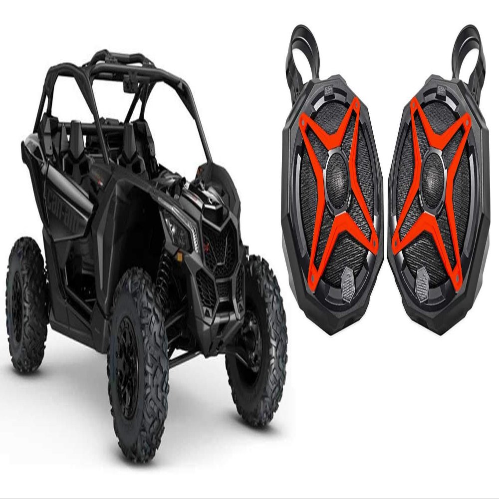 Audiosavings Bundle: (1) Pair 6.5" Roll Bar Roll Cage Tower Speakers for Can-Am Maverick X3 Bundle with SSV WP-A6 Waterproof Speakers, SSV Works WP-CGS-R Red Grille Speaker (4 Items)