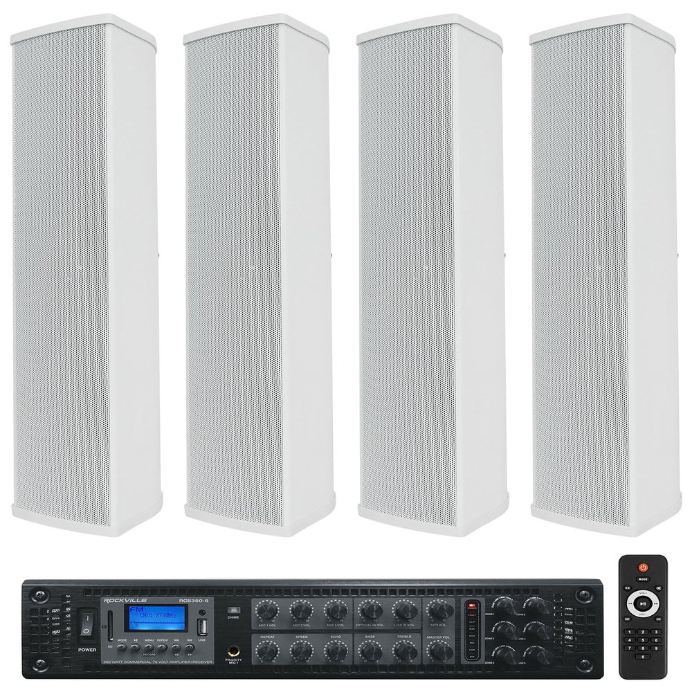 Rockville Bundle: RCS350-6 350W 6-Zone 70V Commercial Bluetooth Amp + Wet Array 5 White 60W IP55 Wall Mount Speakers, Indoor/Outdoor for Restaurant, Bar, Church, Cafe, Auditorium (5 Items)