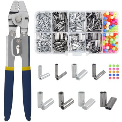 Fishing Crimping Tool Kit Stainless Steel Crimp Pliers Wire Rope Crimping Tool + 590pcs Crimp Sleeves Beads Kit,8 Crimping Sizes