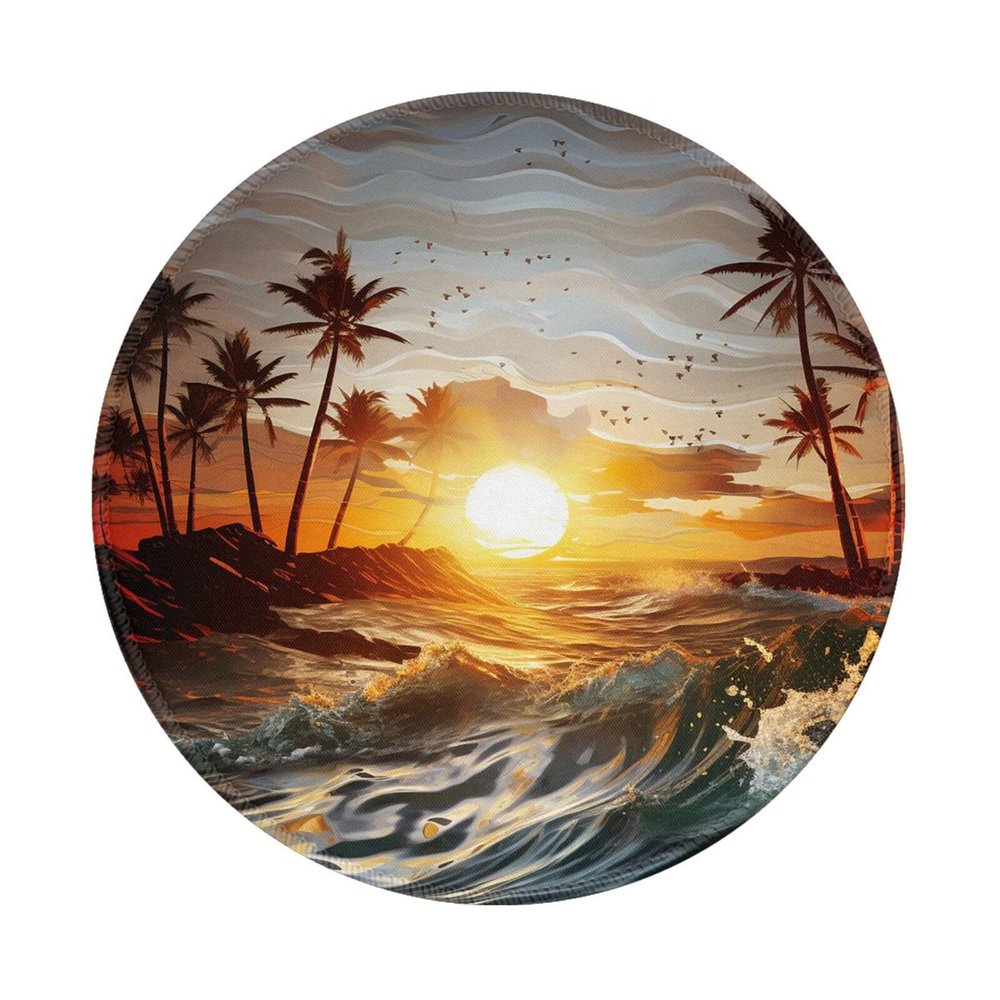 1 Mousepad with Non-Slip Rubber Base 8" Round Mouse-Mat with Stitched Edge Palm Trees Ocean Waves Sunset Gaming Mousepad for Wireless Mouses Computer Laptop Home Office Desk Pad