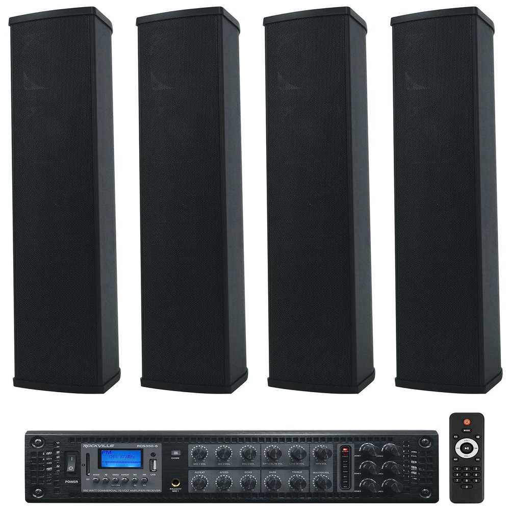 Rockville Bundle: RCS350-6 350W 6-Zone 70V Commercial Bluetooth Amp + Wet Array 5 Black 60W IP55 Wall Mount Speakers, Indoor/Outdoor for Restaurant, Bar, Church, Cafe, Auditorium (5 Items)