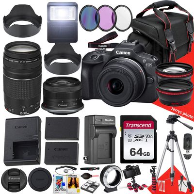 Canon EOS R100 Mirrorless Camera with 18-45mm and 75-300mm Lens + 64 GB Memory + Hood + Spare Travel Charger + Filters + Tripod + More (32pc Bundle) (Renewed)