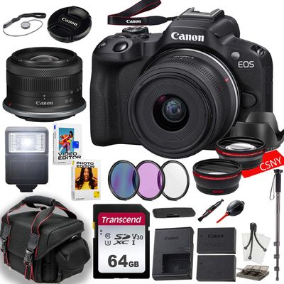 Canon EOS R50 Mirrorless Camera with 18-45mm Lens + 64 GB Memory + Hood + Monopod + Filters + Slave Flash + More (25pc Bundle) (Renewed), Black