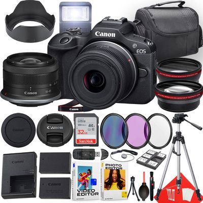 Canon EOS R100 Mirrorless Camera with 18-45mm Lens + 32 GB Memory + Hood + Monopod + Filters + Tripod + More (26pc Bundle) (Renewed)