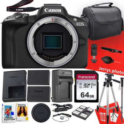 Canon EOS R50 Mirrorless Camera (Body Only) + 64 GB Memory + Tripod + Monopod + Extra Battery + More (18pc Bundle) (Renewed), Black