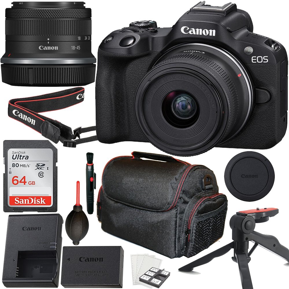 Canon EOS R50 Mirrorless Camera with RF-S 18-45mm f/4.5-6.3 is STM Lens + 64GB Memory Card + Tripod + Case & More (Renewed), Black
