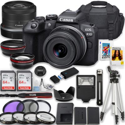 Canon EOS R10 Mirrorless Camera with Canon RF-S 18-45mm f/4.5-6.3 is STM Lens + 2pc 64GB Memory Cards + Tripod + Flash + Filters & More (Renewed)