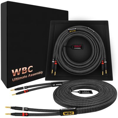 WORLDS BEST CABLES 12 Foot Ultimate -12 AWG - Ultra-Pure OFC - Premium Audiophile HiFi Speaker Cable Pair with Eminence Gold Banana Plugs & Carbon Tweed Jacket