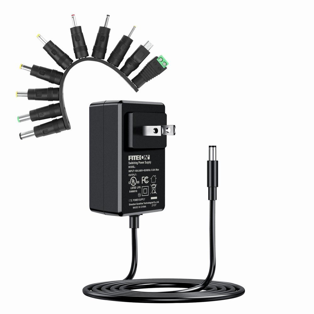 12V 2A AC Adapter Charger with 10 Tips, Regulated 12 Volts 2000mA Power Supply Cord Compatible with LED Strip Light, CCTV Camera, BT Speaker, Router, DC12V Transformer (5ft)