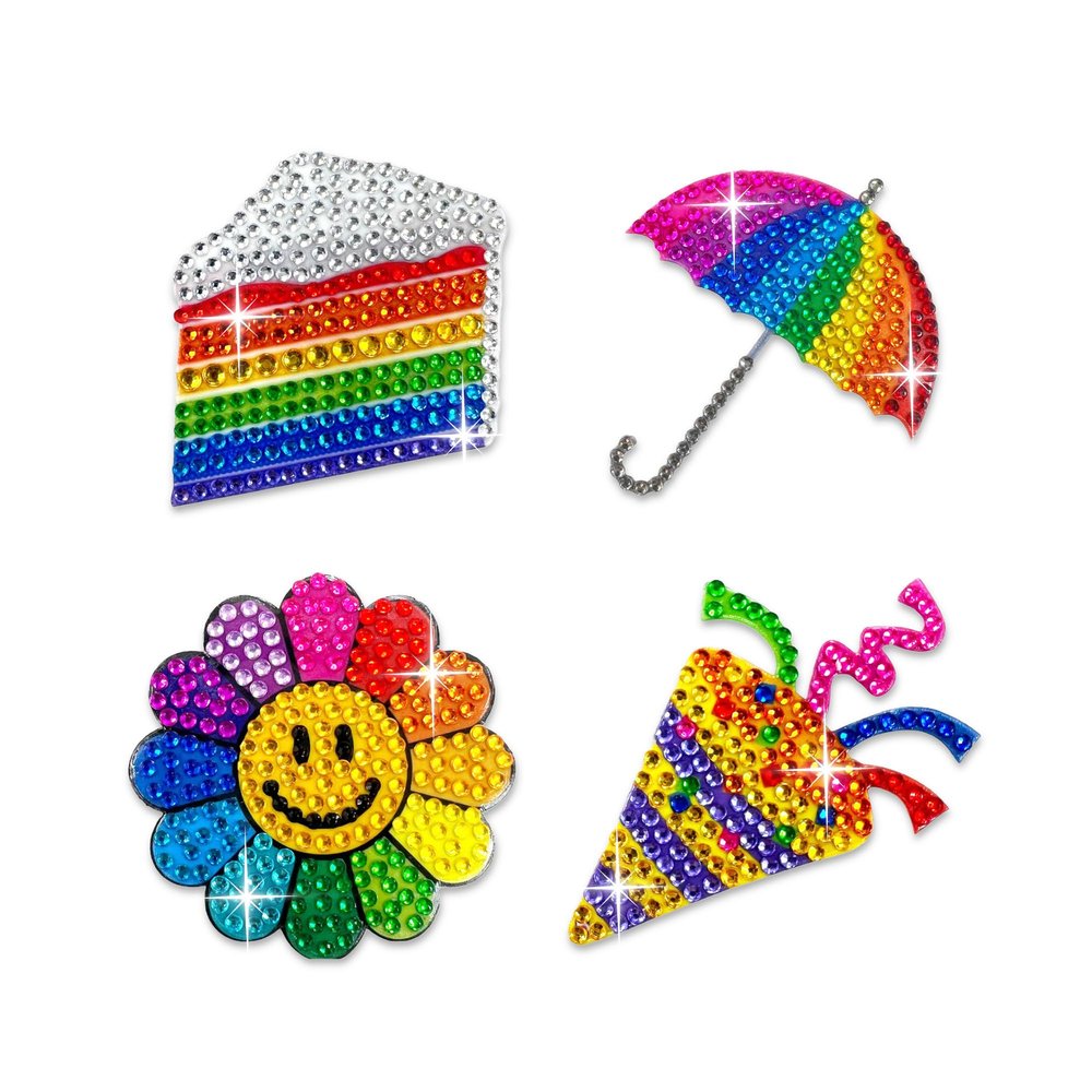 StickerBeans Rhinestone Stickers - Happiness 4-Pack, 2 x 2 Each, Unique Sparkly Cut-to-Shape for Collecting, Trading, Decorating Laptops, Phone Cases, Scrapbooks - for Kids, Teens, & Adults