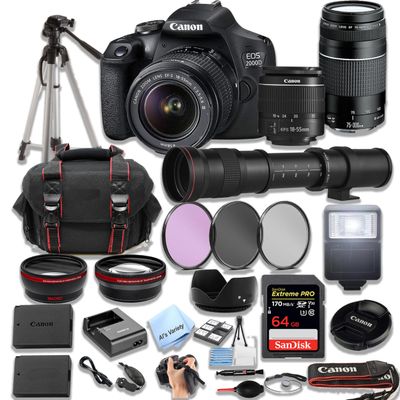 Canon 2000D / EOS Rebel T7 DSLR Camera w/ 18-55mm Zoom Lens + 75-300mm Lens + 420-800mm Super Telephoto Lens + 64GB Extreme Speed SD, Filters + Case, Tripod, Flash, and More - Pro Photo Bundle (32pc)