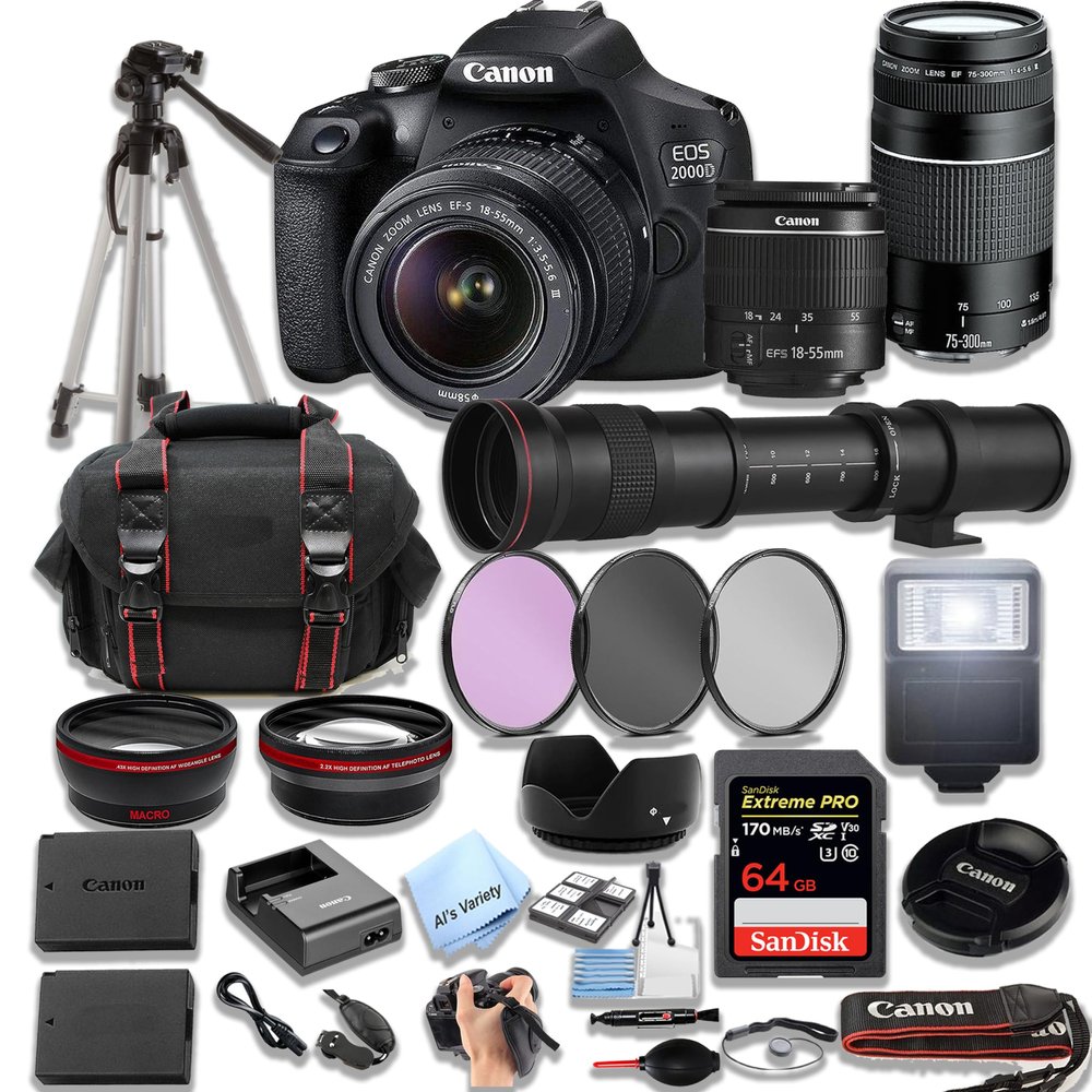 Canon 2000D / EOS Rebel T7 DSLR Camera w/ 18-55mm Zoom Lens + 75-300mm Lens + 420-800mm Super Telephoto Lens + 64GB Extreme Speed SD, Filters + Case, Tripod, Flash, and More - Pro Photo Bundle (32pc)