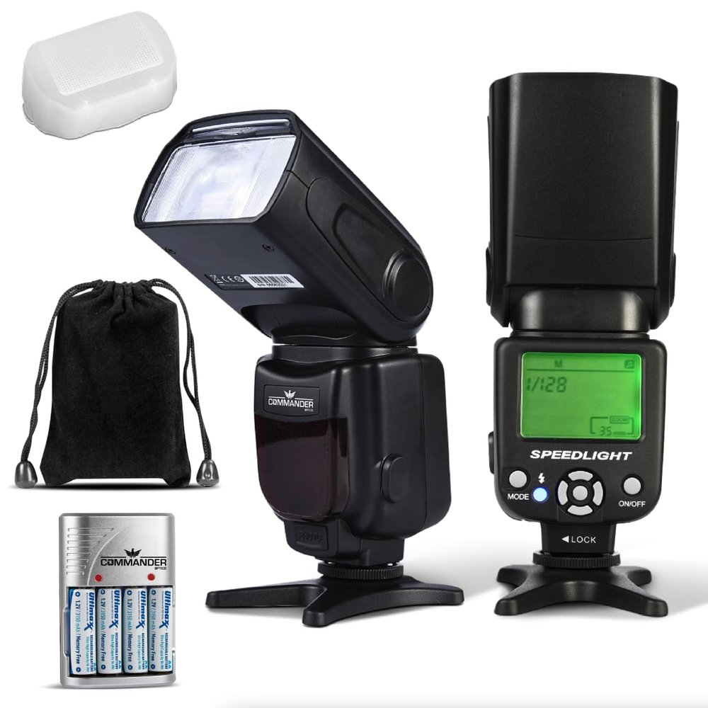 Commander Optics E-TTL Flash Speedlite Bounce/Swivel LED Backlit with 4 Rechargeable AA Batteries for Canon Rebel T7, SL3, 4000D, 850D, 80D, 90D, R, RP, R5, R6, R8, 6D Mark II, 5D Mark IV & More