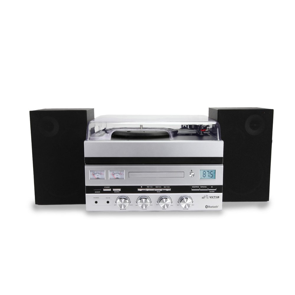 VICTOR Geneva 5-in-1 Music Center with Bluetooth, Remote, and Detached Speakers, Silver (VDTS-5400-SL)