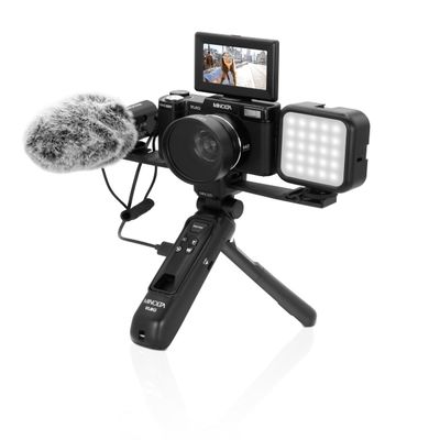 Minolta 64MP 4K60FPS VLOG Camera Kit  Digital Autofocus Camcorder with Tripod, Remote, Mic, LED Light, 3-inch LCD Screen, Time-Lapse, Slow Motion, Wide Angle Lens, 32GB Card, USB