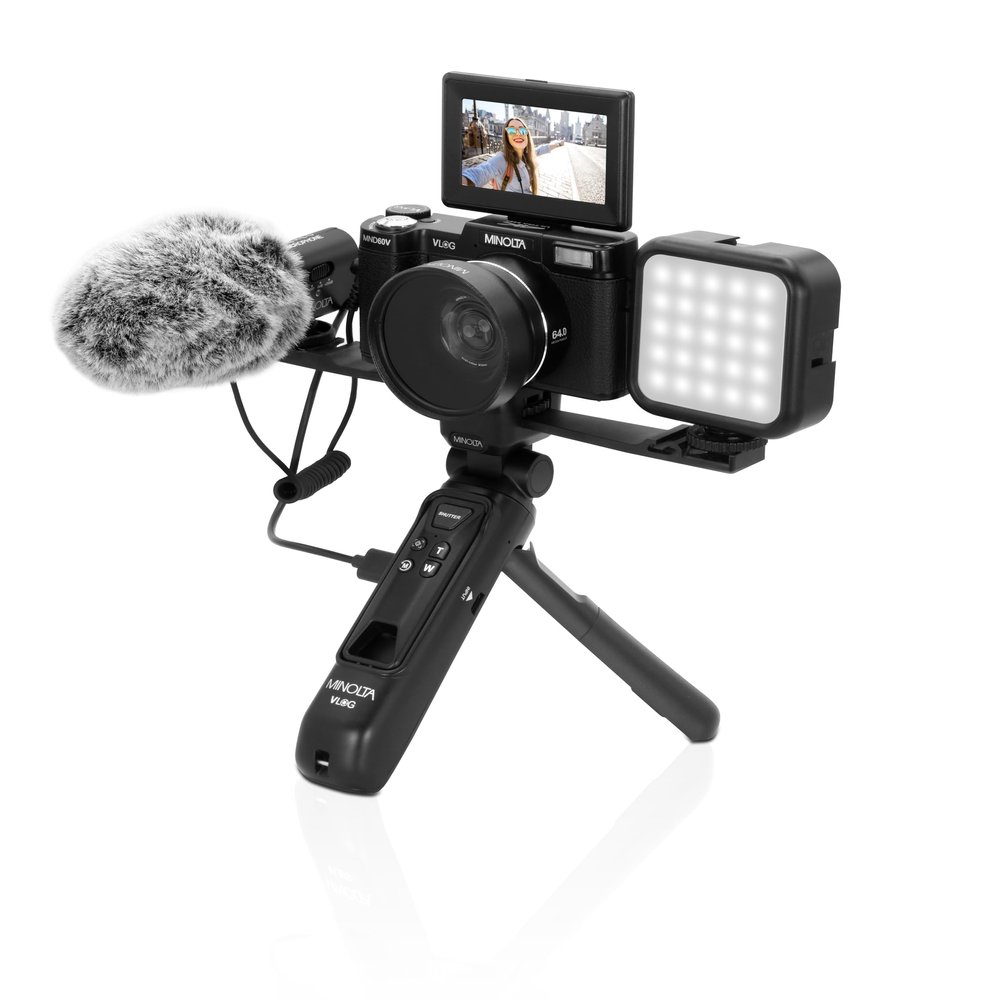 Minolta 64MP 4K60FPS VLOG Camera Kit  Digital Autofocus Camcorder with Tripod, Remote, Mic, LED Light, 3-inch LCD Screen, Time-Lapse, Slow Motion, Wide Angle Lens, 32GB Card, USB