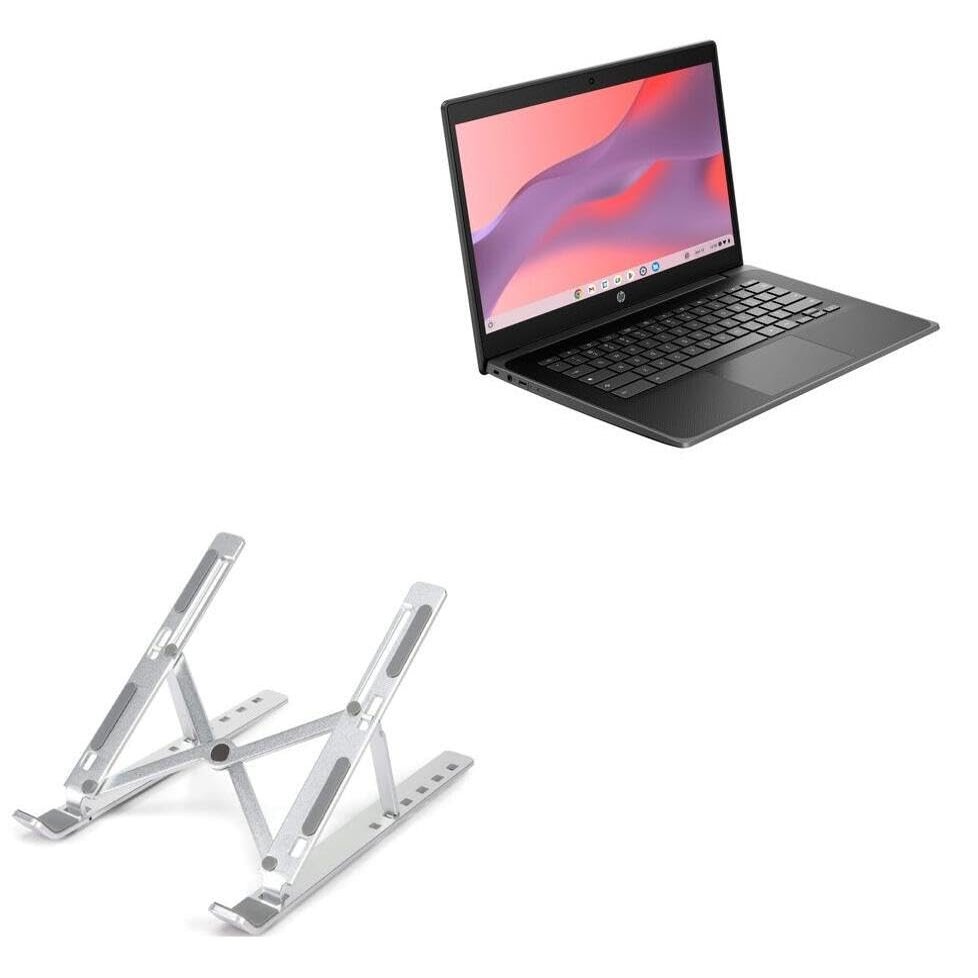 BoxWave Stand and Mount Compatible with HP Fortis G11 Chromebook (14 in) - Compact QuickSwitch Stand, Portable Multi Angle Viewing Foldable Riser - Metallic Silver