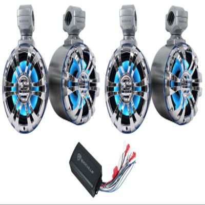 Rockville WB50KLS Silver Bundle: (4) 5.25 in 125W RMS/250W Peak LED Marine Wakeboard Tower Speakers, PS40 IP65 Bluetooth 4-Channel Amplifier for ATV/UTV/RZR, Polished Silver Finish, 5-Items