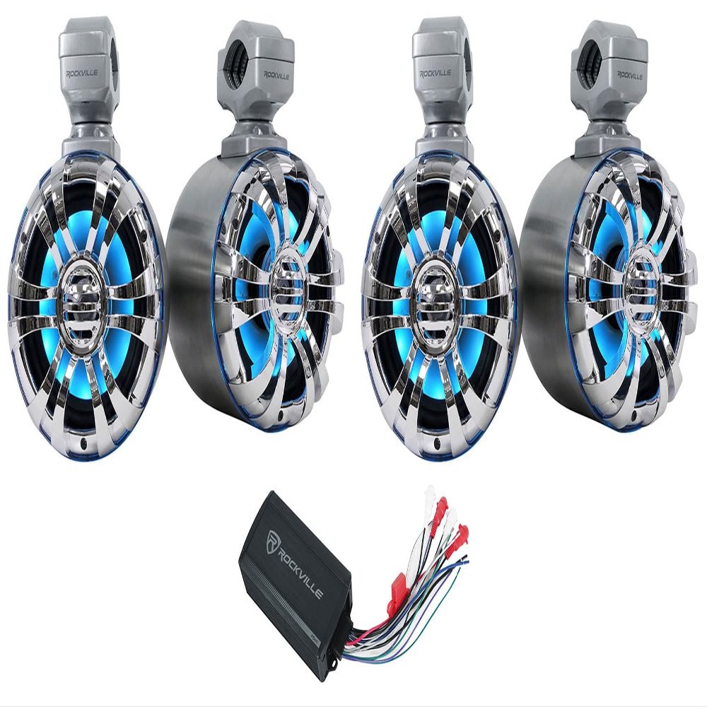 Rockville WB50KLS Silver Bundle: (4) 5.25 in 125W RMS/250W Peak LED Marine Wakeboard Tower Speakers, PS40 IP65 Bluetooth 4-Channel Amplifier for ATV/UTV/RZR, Polished Silver Finish, 5-Items