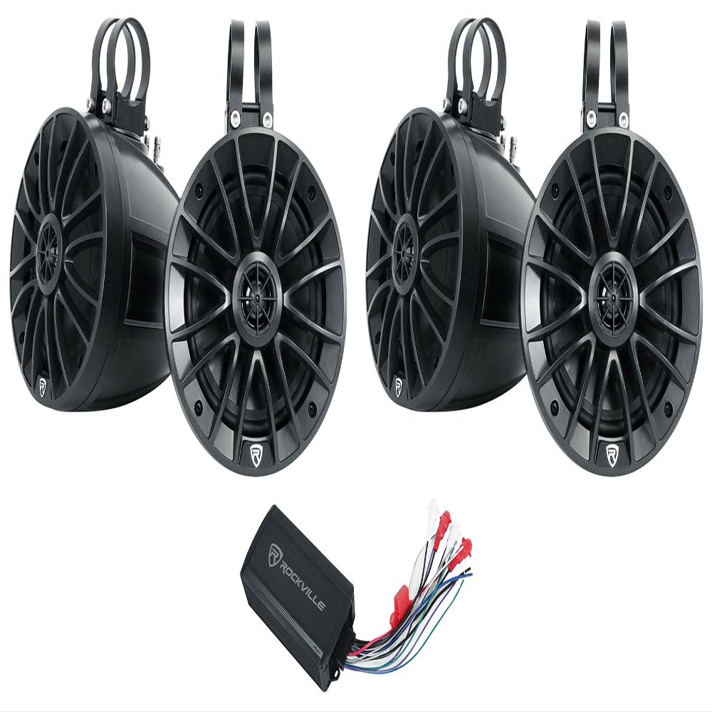 Rockville UT65B Bundle: (2) 6.5 in 400-Watt Peak/100-Watt RMS UTV/ATV Rollbar Marine Wakeboard Speakers IPX6, PS40 4-Channel Bluetooth ATV/UTV/Motorcycle IP65 Amplifier, 3-Items