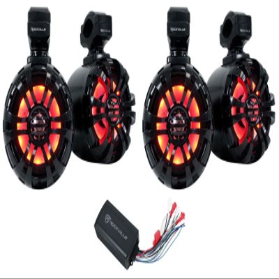 Rockville WB50KLS Bundle: (4) 5.25 in 125-Watt RMS/250-Watt Peak Black Metal Marine Wakeboard LED Tower Speakers, PS40 4-Channel Bluetooth IP65 ATV/UTV/Motorcycle Amplifier, 5-Items