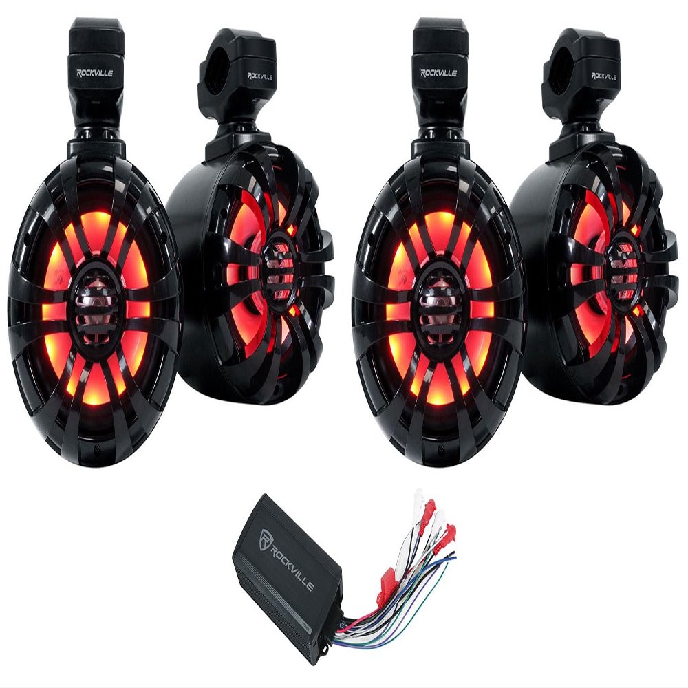 Rockville WB50KLS Bundle: (4) 5.25 in 125-Watt RMS/250-Watt Peak Black Metal Marine Wakeboard LED Tower Speakers, PS40 4-Channel Bluetooth IP65 ATV/UTV/Motorcycle Amplifier, 5-Items