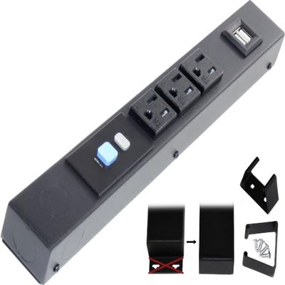 12" Hardwired Power Strip (NO Power Cord), 3 Tamper Resistant Outlets (NEMA 5-15R - NOT 20Amp), NO Ears (Without mounting tabs on Both Ends), ALCI, USB, Black