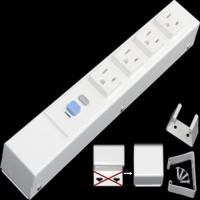 12" Hardwired Power Strip (NO Power Cord), 4 Tamper Resistant Outlets (NEMA 5-15R - NOT 20Amp), ALCI - Electric Leak Protection Enabled, NO Ears (Without mounting tabs on Both Ends), White