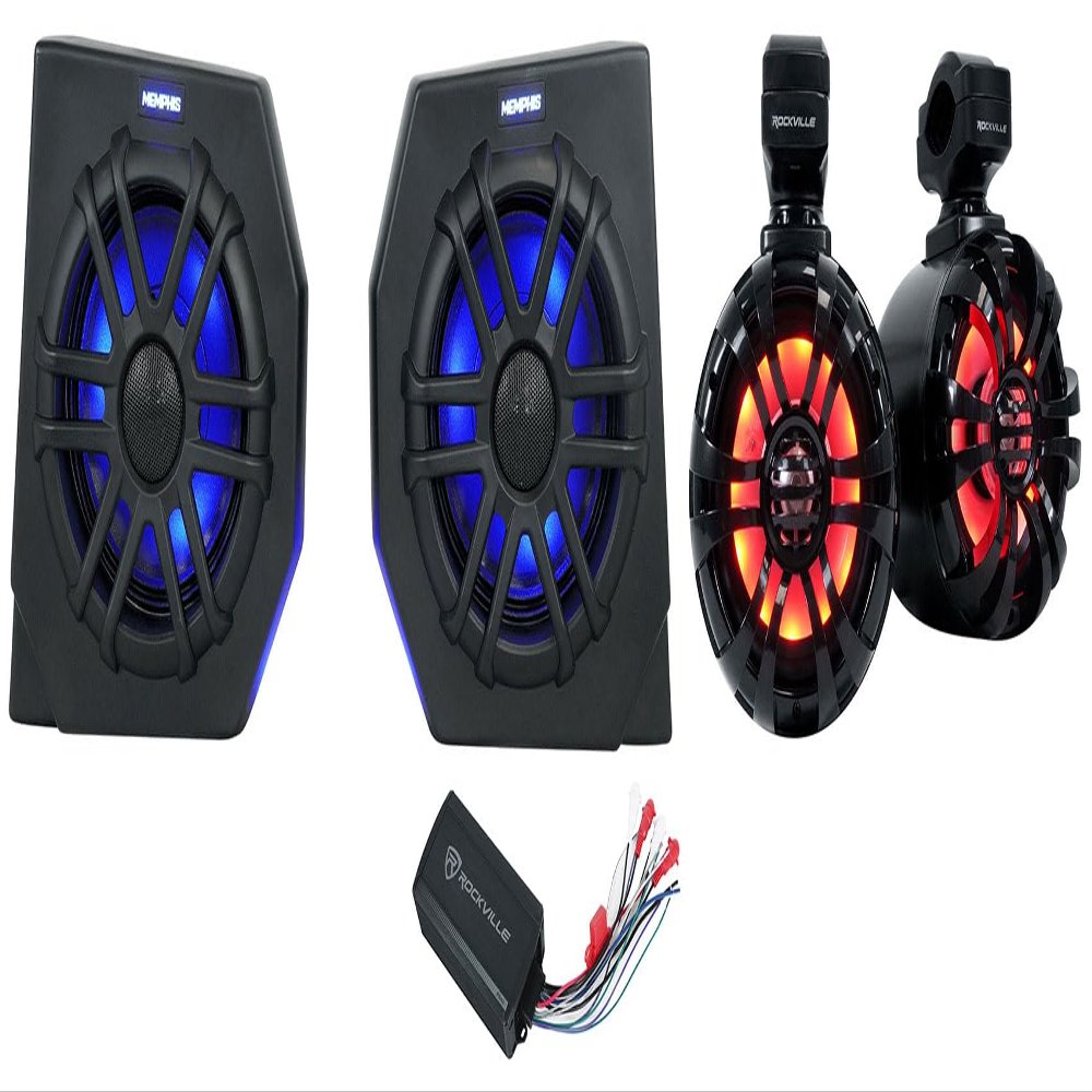 Audiosavings Bundle: (2) Memphis Audio CANAMDEF65FE 75w RMS Speaker Pods for 2018 Bundle with (2) Rockville WB50KLS Black 5.25" LED Tower Speakers. (1) Rockville PS40 4 Channel Amplifier.(5 Item)
