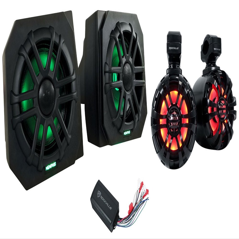 Audiosavings Bundle: (2) Memphis Audio RNGR65FE Speaker Pods for 2013-17 Polaris Ranger Bundle with (2) Rockville WB50KLS Black 5.25" Tower Speakers & (1) Rockville PS40 Amplifier.(5 Item)