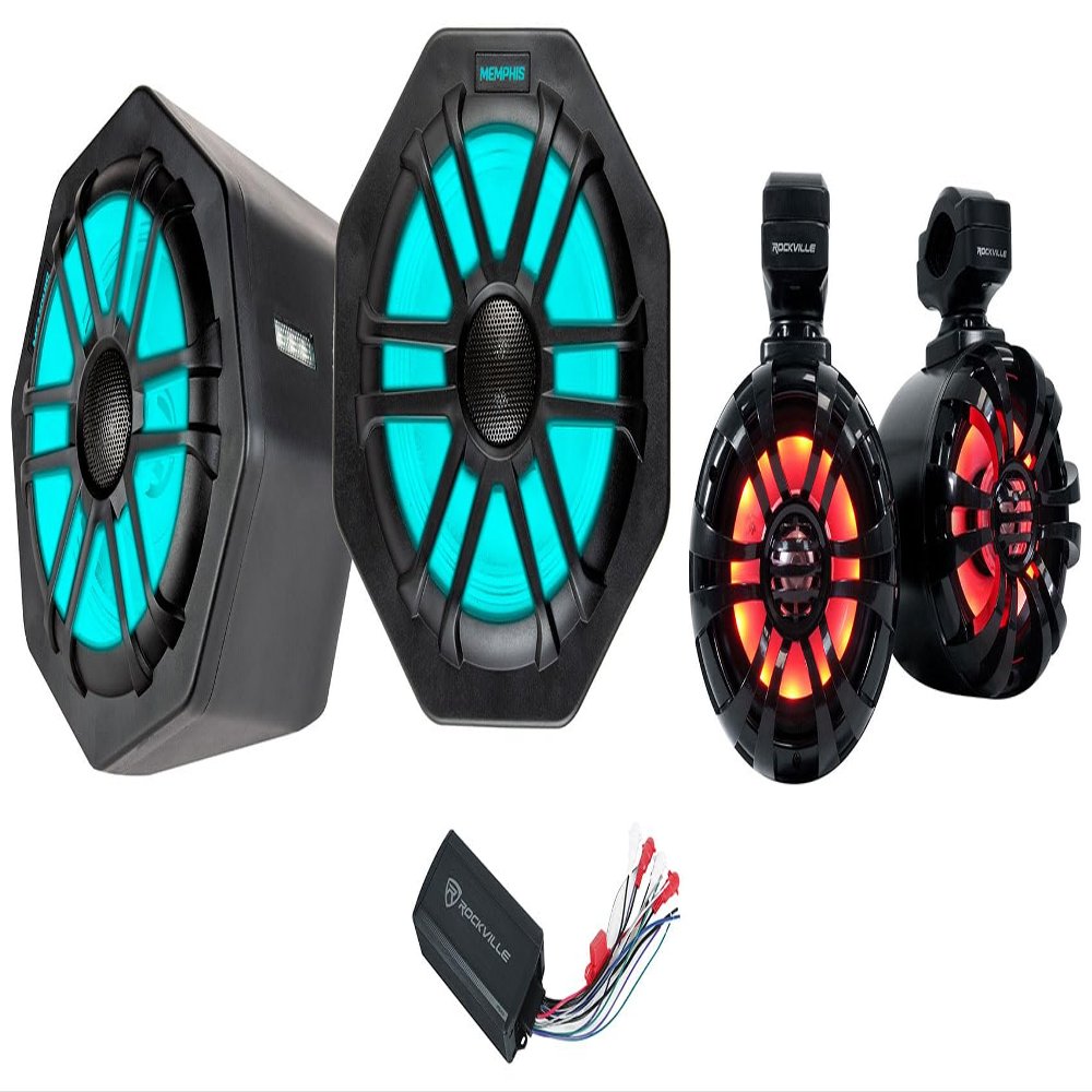 Audiosavings Bundle: (2) Memphis Audio GEN65FE LED Speaker Pods for 2016 Bundle with (2) Rockville WB50KLS Black 5.25" LED Tower Speakers. (1) Rockville PS40 4 Channel Bluetooth Amplifier.(5 Item)