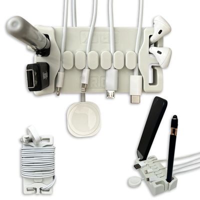 DeskBrick Patented Non-Slip Steel-Weighted Desk Organizer & Cable Management Gadget, Versatile Cord, Phone & Accessory Holder for Office, Home & Desktop Best Gift for Men. Light Gray