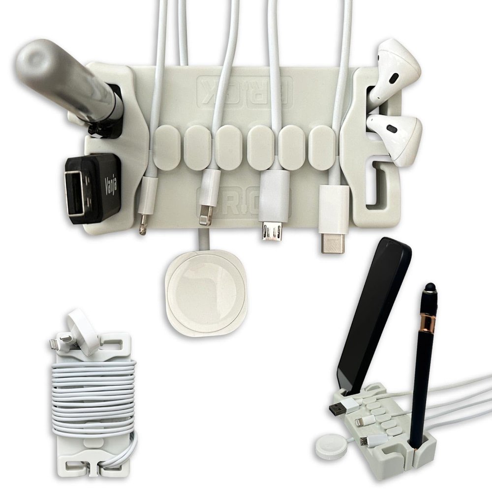 DeskBrick Patented Non-Slip Steel-Weighted Desk Organizer & Cable Management Gadget, Versatile Cord, Phone & Accessory Holder for Office, Home & Desktop Best Gift for Men. Light Gray