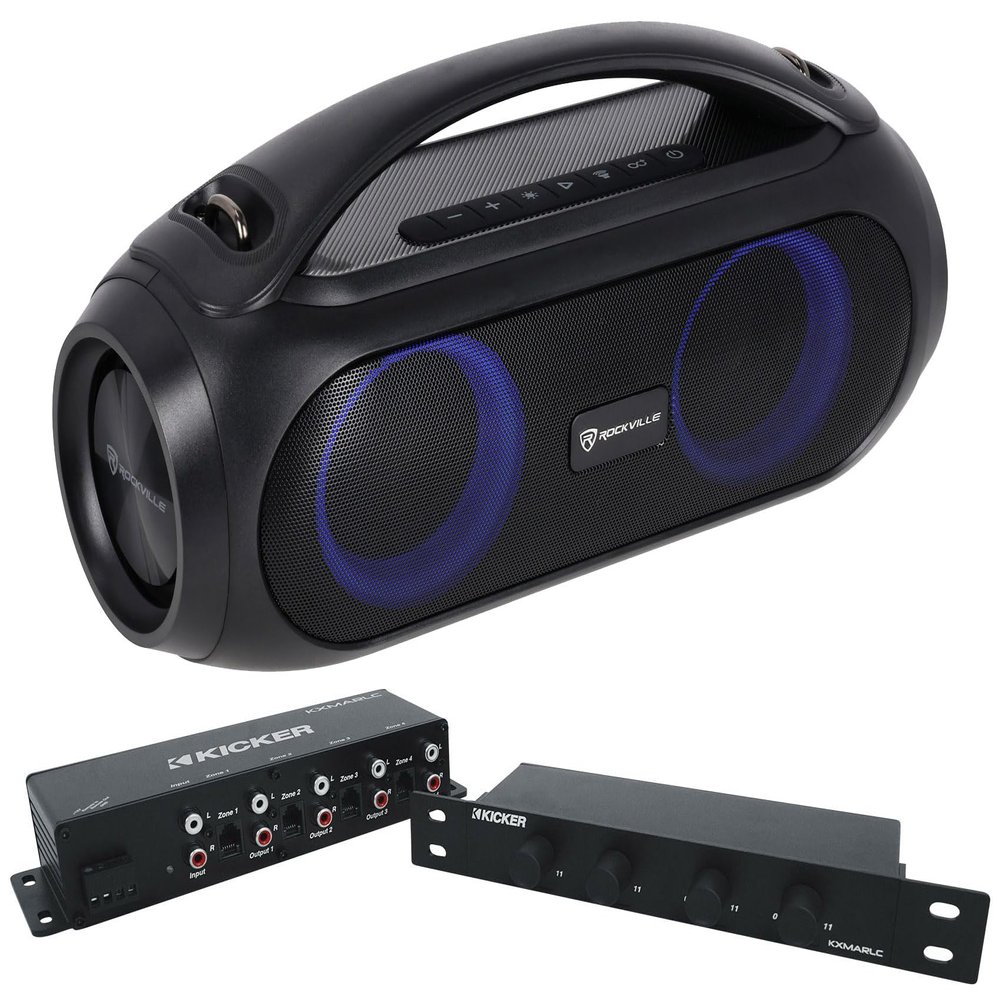 Audiosavings Bundle (1) Kicker 48KXMARLC 4-Zone Boat/RV Remote Level Control for Marine Amplifiers Bundle with (1) Rockville GO Party MAX BASS Large Portable LED Bluetooth Speaker (Items 2)