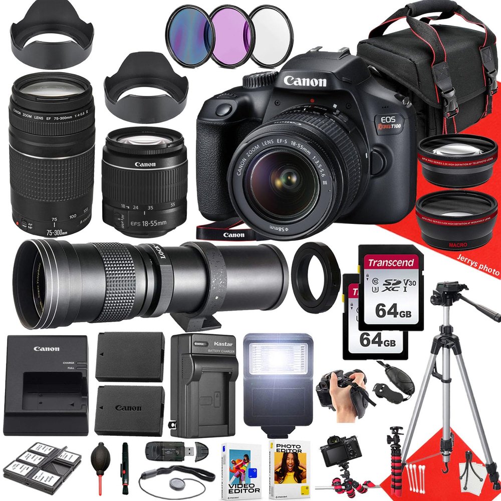 Canon EOS Rebel T100 / 4000D DSLR Camera with Canon EF-S 18-55mm F/3.5-5.6 DC III Zoom, EF 75-300mm f/4-5.6 III and 420-800mm f/8.3 HD Lens + 128 GB Memory + Filters + More (34pc Bundle) (Renewed)