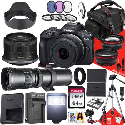 Canon EOS R100 Mirrorless Camera with RF-S 18-45mm f/4.5-6.3 is STM and 420-800mm f/8.3 HD Telephoto Zoom Lens + 64 GB Memory + Filters + Tripod + More (31pc Bundle) (Renewed)
