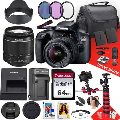 Canon EOS 4000D / Rebel T100 DSLR Camera with Canon EF-S 18-55mm F/3.5-5.6 DC III Zoom Lens + 64 GB Memory + Hood + Extra Battery + Battery Charger + Filters + More (25pc Bundle) (Renewed)