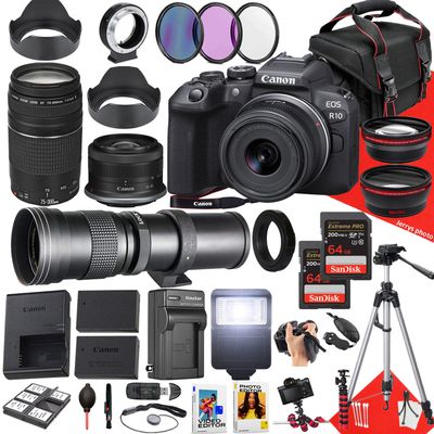 Canon EOS R10 Mirrorless Camera with RF-S 18-45mm f/4.5-6.3 is STM, EF 75-300mm f/4-5.6 III and 420-800mm f/8.3 HD Lens + 128 GB Memory + Filters + More (37pc Bundle), Black (Renewed)