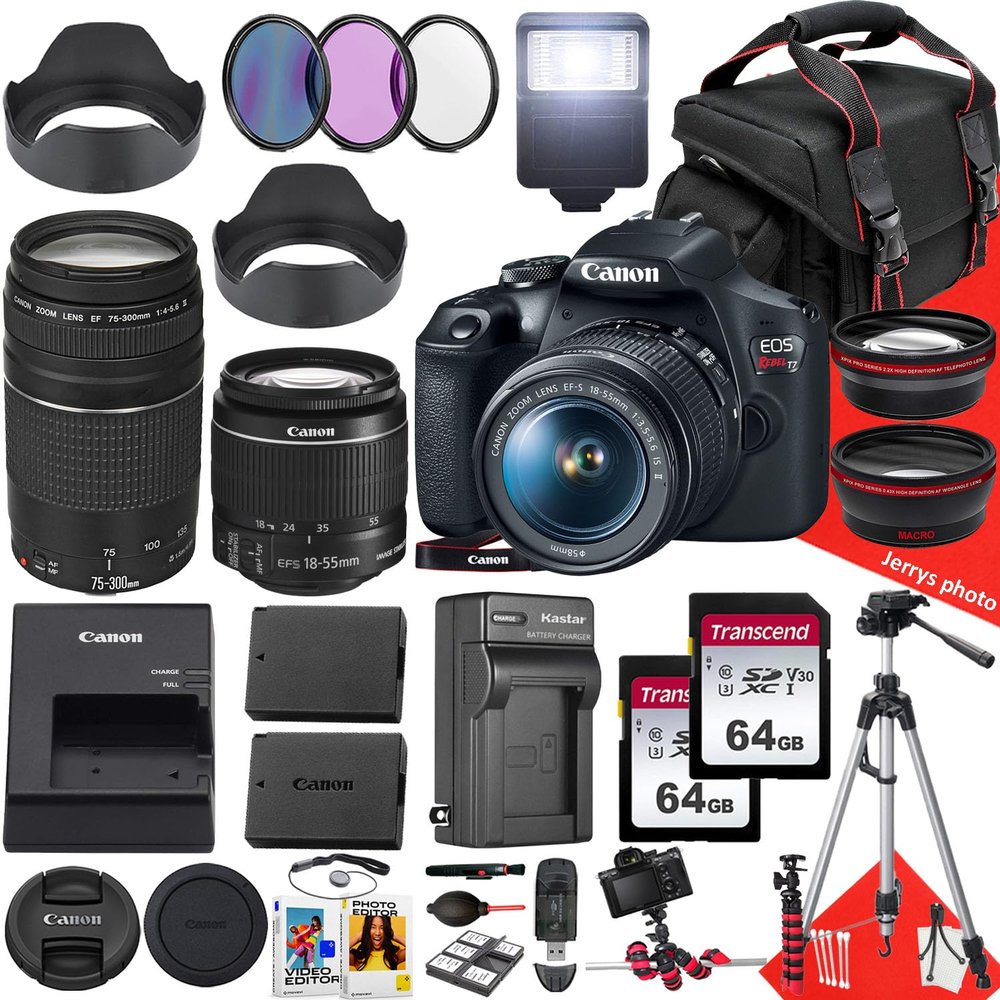 Canon EOS Rebel T7 / 2000D DSLR Camera with Canon EF-S 18-55mm f/3.5-5.6 is II and EF 75-300mm f/4-5.6 III Lens + 128 GB Memory + Extra Battery + Tripod + More (33pc Bundle) (Renewed)