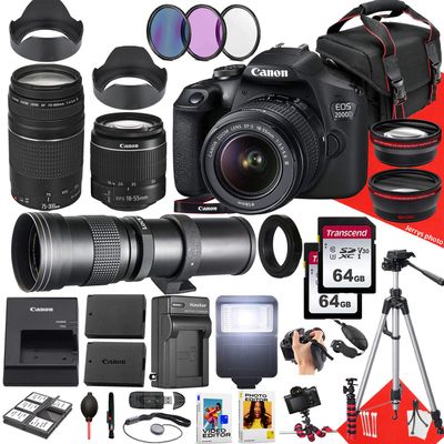 Canon EOS 2000D / Rebel T7 DSLR Camera with Canon EF-S 18-55mm F/3.5-5.6 DC III Zoom, EF 75-300mm f/4-5.6 III and 420-800mm f/8.3 HD Lens + 128 GB Memory + Filters + More (36pc Bundle) (Renewed)