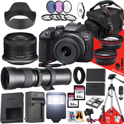 Canon EOS R10 Mirrorless Camera with RF-S 18-45mm f/4.5-6.3 is STM and 420-800mm f/8.3 HD Telephoto Zoom Lens + 128 GB Memory + Filters + Tripod + More (33pc Bundle) (Renewed), Black