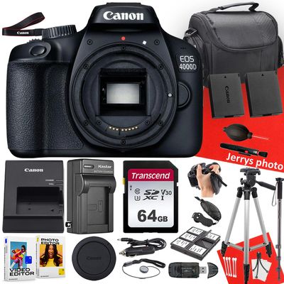 Canon EOS 4000D / Rebel T100 DSLR Camera (Body Only) + 64 GB Memory + Tripod + Monopod + Extra Battery + More (19pc Bundle) (Renewed)