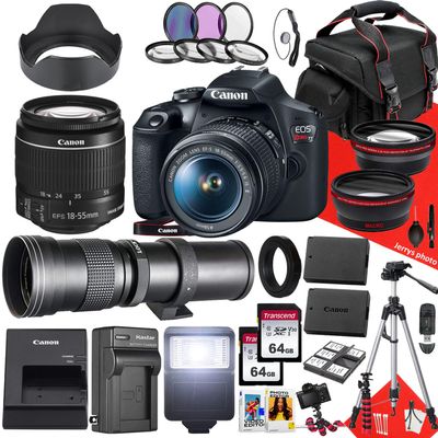 Canon EOS Rebel T7 / 2000D DSLR Camera with Canon EF-S 18-55mm f/3.5-5.6 is II and 420-800mm f/8.3 HD Telephoto Zoom Lens + 128 GB Memory + Filters + Tripod + More (33pc Bundle) (Renewed), Black