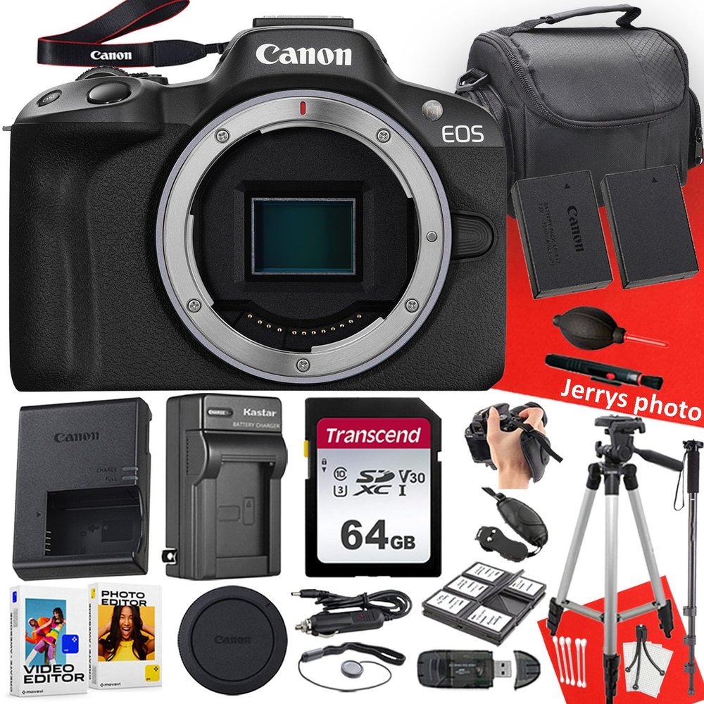 Canon EOS R50 Mirrorless Camera (Body Only) + 64 GB Memory + Tripod + Monopod + Extra Battery + More (19pc Bundle), Black (Renewed)