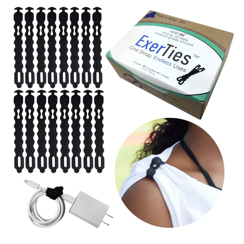 ExerTies Silicone Cable Ties Reusable - Made in Maine USA - Medical Grade Silicone Cord Ties - Endless Uses: for Cords, iPhones, Cables, Sleeves & More - (16 Pack) (Black)