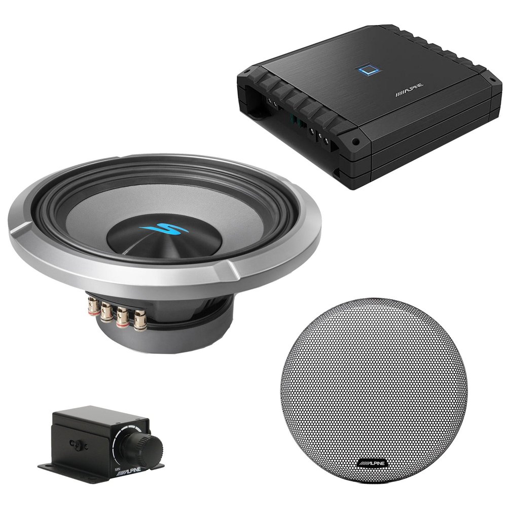 Alpine S2-A60M S-Series Class-D Amp, S2-W12D4 12" S-Series Dual 4-Ohm Car Sub & Grill w/RUX Bundle