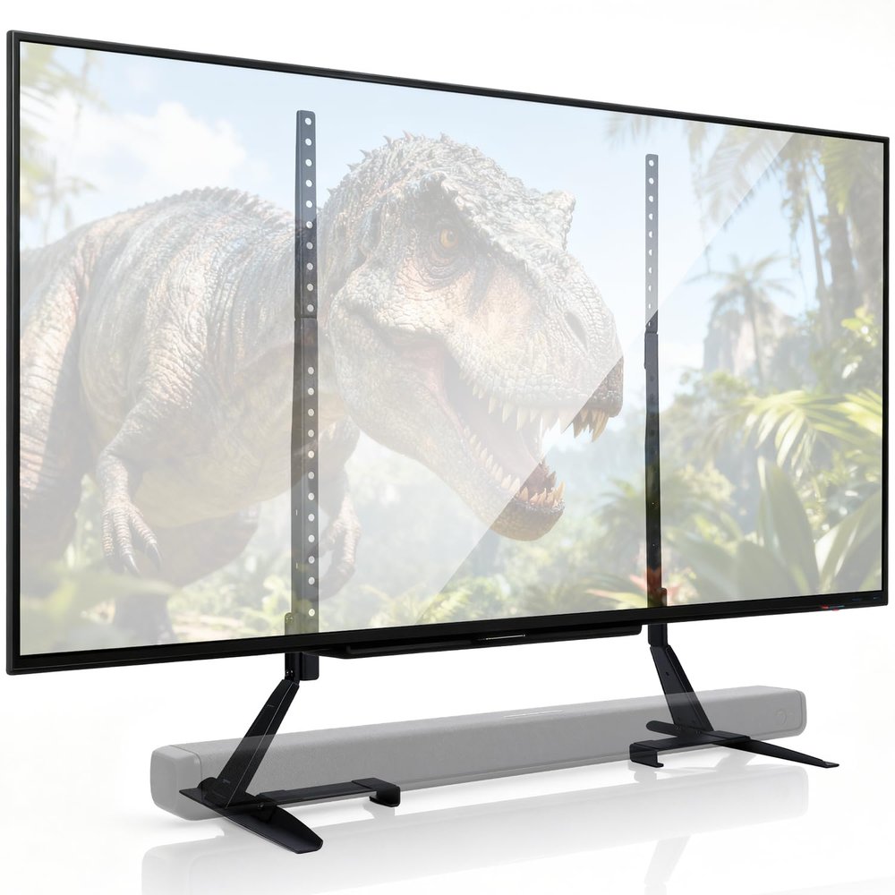 Amazon Basics Universal TV Stand, Height Adjustable for 22-77 inch TVs, Supports up to 80 lbs, VESA 200x100 to 800x400, Includes Soundbar Mount, Black